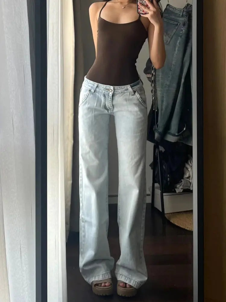 Streetwear Low Rise Flared Jeans Vintage Slim-fitting Y2K Fashion Blue Denim Pants 2000s Casual Women's Jeans Harajuku